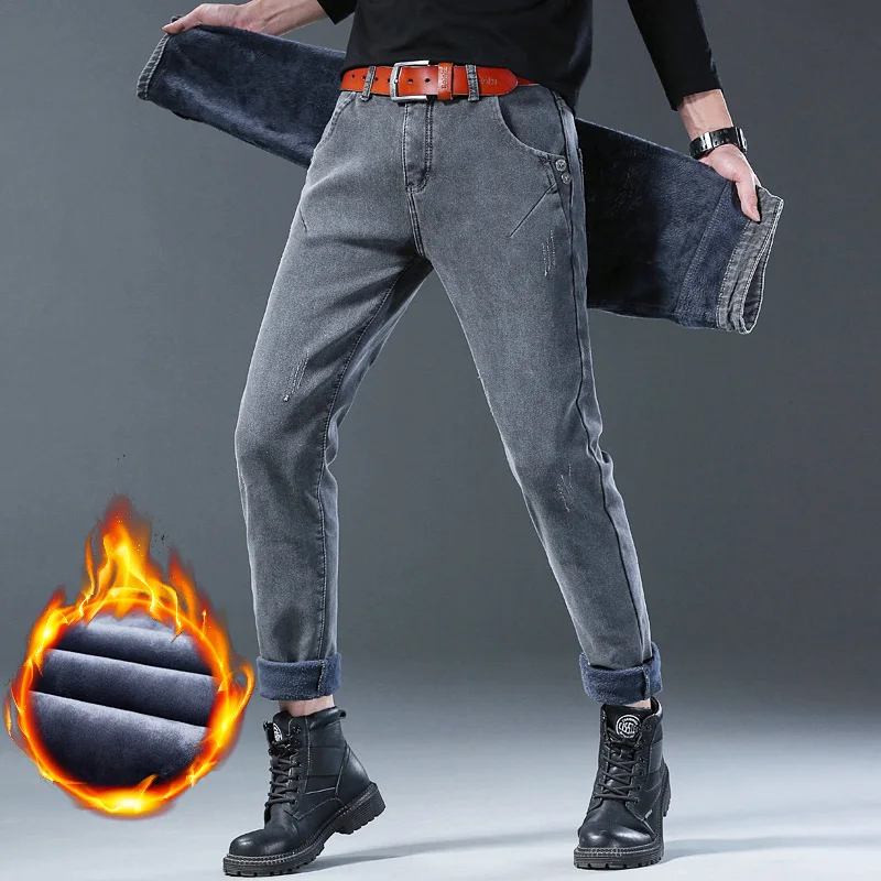 

Winter Men's Gentleman Slacks Fashion European American Style Stretch Men Luxury Jeans Plush Warm Slim Straight Denim Pants