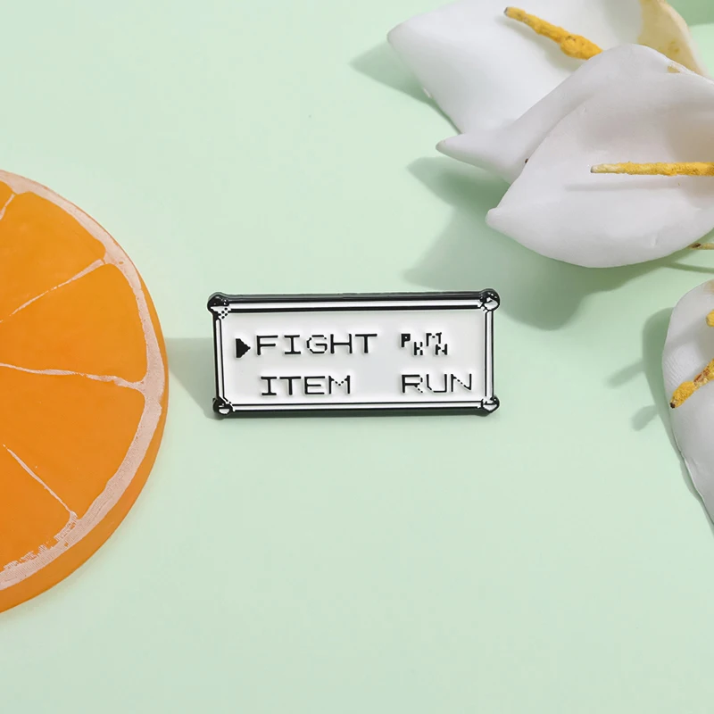 Rectangle Text Enamel Pins Custom FIGHT ITEM RUN Brooches Lapel Badges Punk Jewelry Gift for Kids Friends