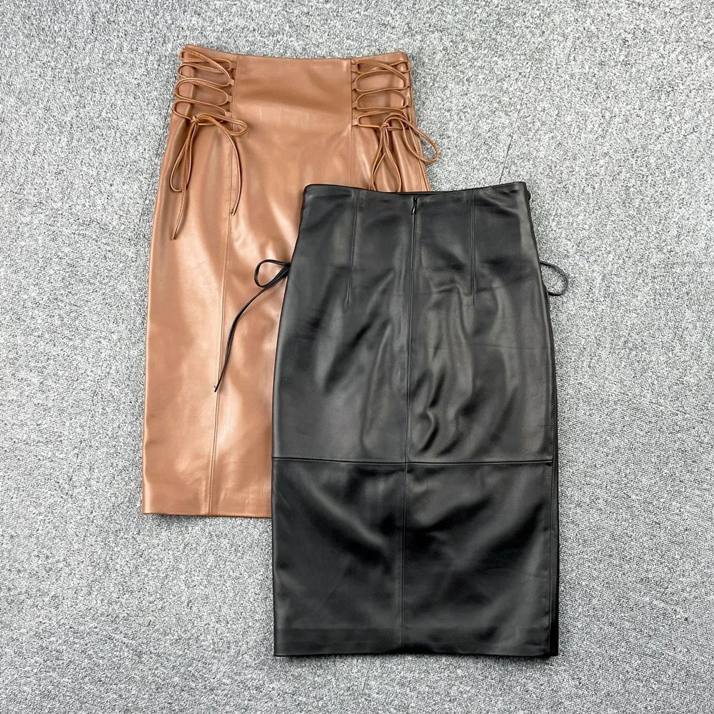 Spring Autumn New Bandage Designer High-rise Leather Skirt Chic Women's High Quality Genuine leather Pencil Skirts B995