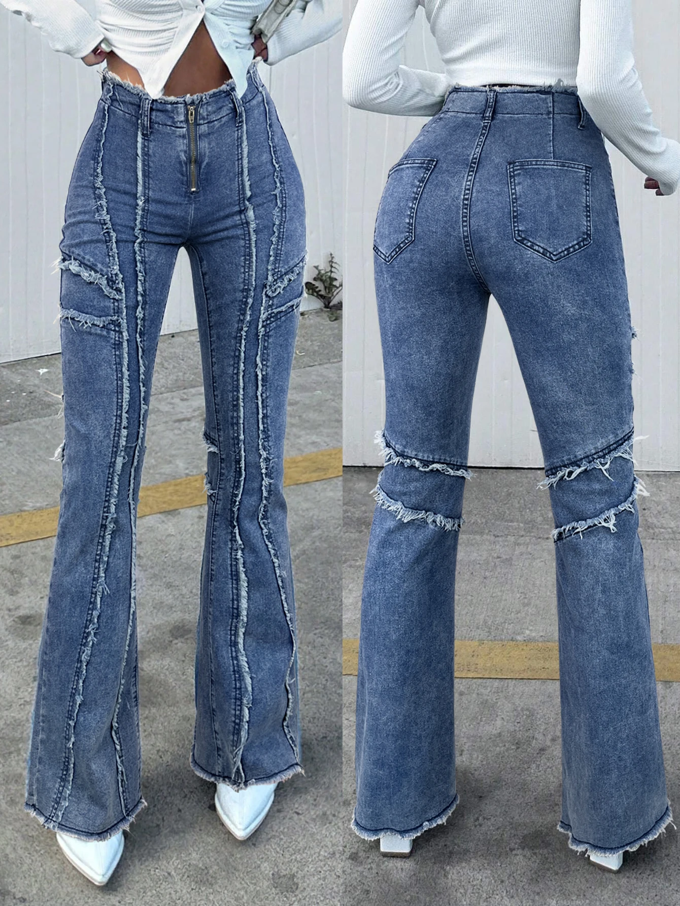 Y2k Street Retro Washed Stretch Slim Fit Raw Edge Ripped Zipper Jeans Zipper Fly Flare Leg Bootcut Jeans Four Seasons Match