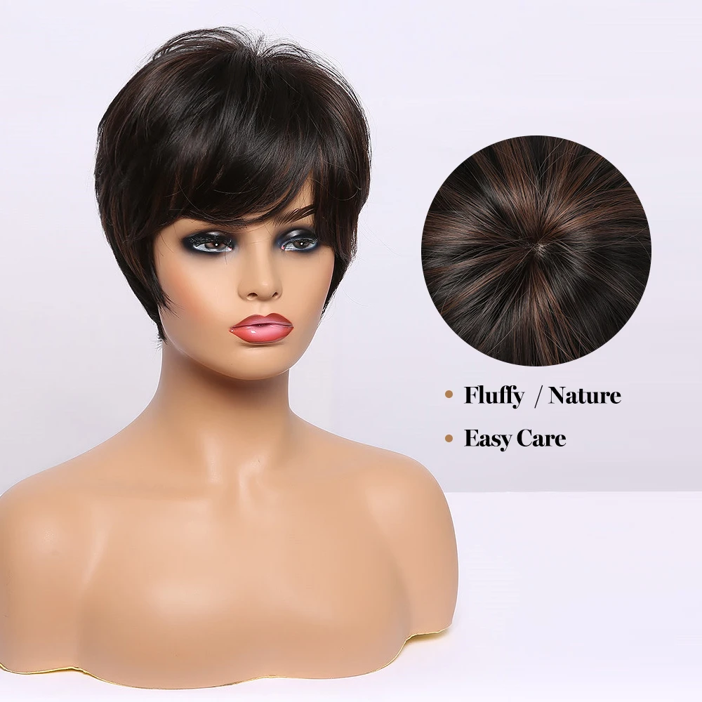 EASIHAIR Short Black Straight Brown Highlight Wigs With Pixie Cut Bangs High-temperature Fiber Synthetic Wigs Cosplay for Women