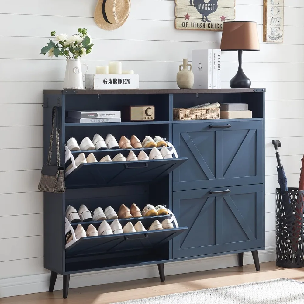 Shoe Storage Cabinet,Farmhouse Shoe Organizer with 4 Flip Drawers & Barn Door Design,Freestanding Hidden Slim Narrow