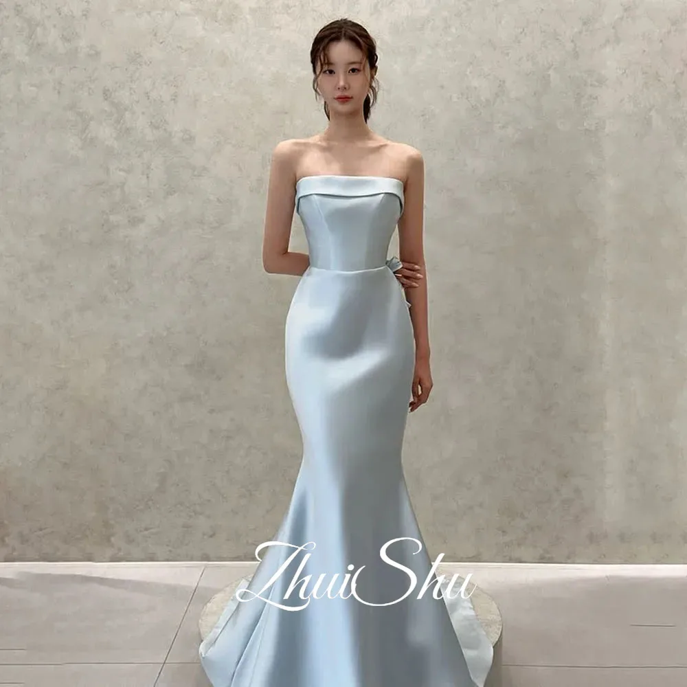 Baby Blue Strapless Evening Party Dress Mermaid Wedding Ball Gown A-line Korea Photo shoot Prom Dress Customized 웨딩드레스