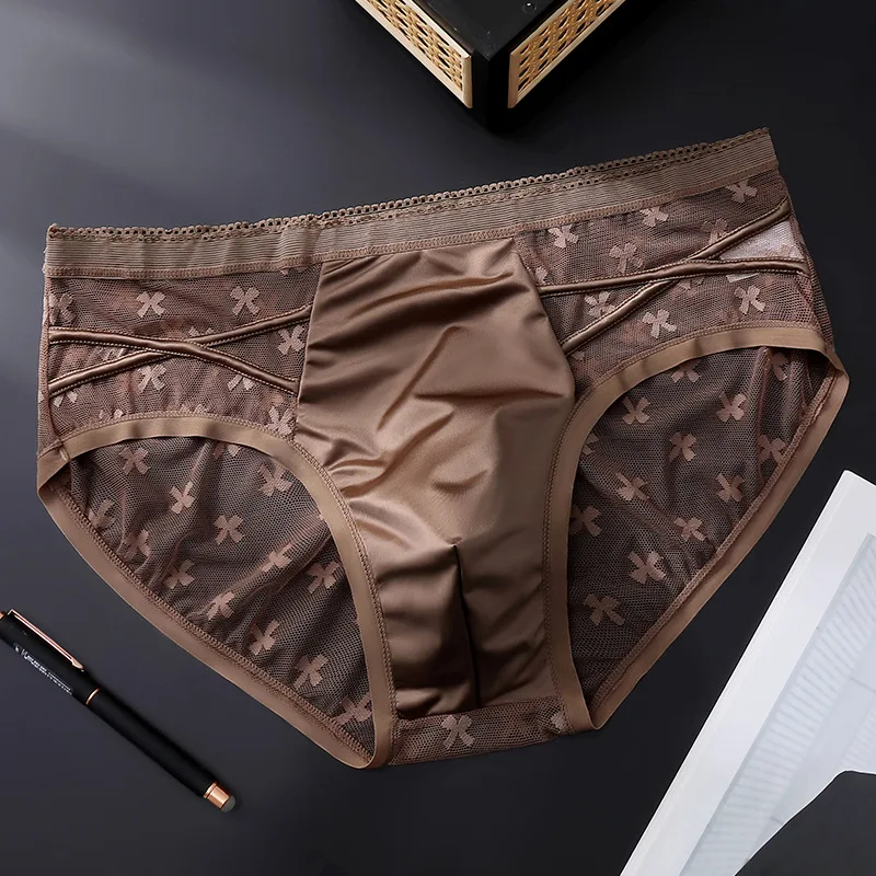 Men's Briefs Ice Silk Satin Mesh 3d Bulge Pouch Panties Sexy Side Cross Strap Sissy Lingerie Light Thin See Through Underwear