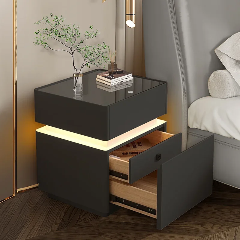 Touch Light Fingerprint Lock Nightstands Modern Storage Drawers Side Bedside Table Luxury Mesa De Noche Bedroom Furniture