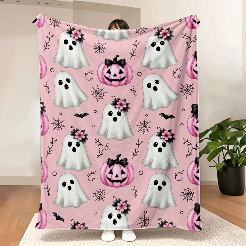 1PC Ghost and Pumpkin Print Blanket-Made of soft plush flannel, perfect for sofas, beds or recliners. It is ideal for Halloween