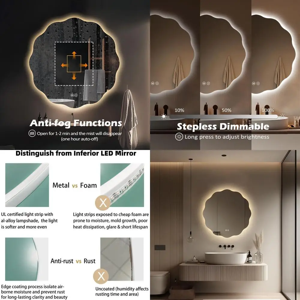 

30 Circular LED Bathroom Mirror with Stepless Dimmable Lighting, 3 Color Options, Anti-Fog and Memory Features