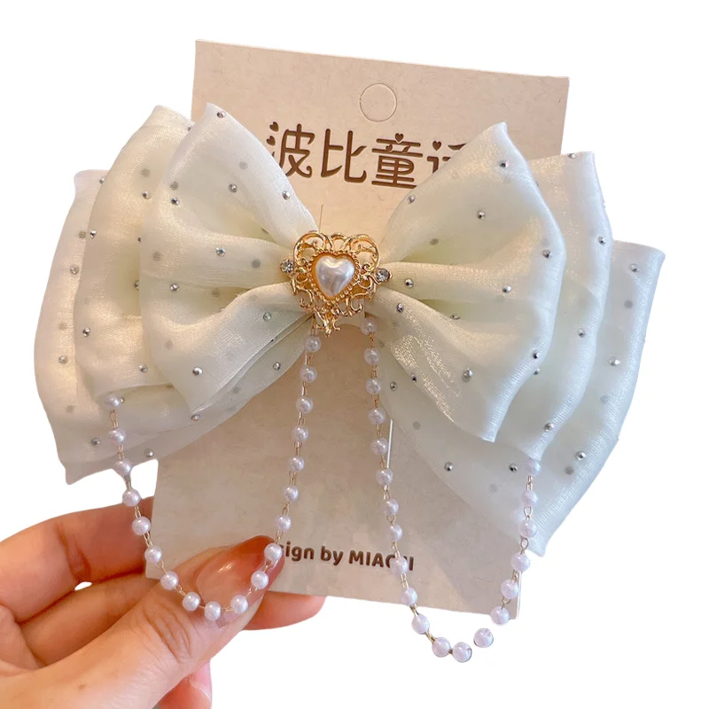High-End Prinses Zijden Haarelastiekjes Clip Versierd Met Peral Riem Strass Kinderen Meisjes Party Haarspeld Mode Barrttess Hoofdtooi