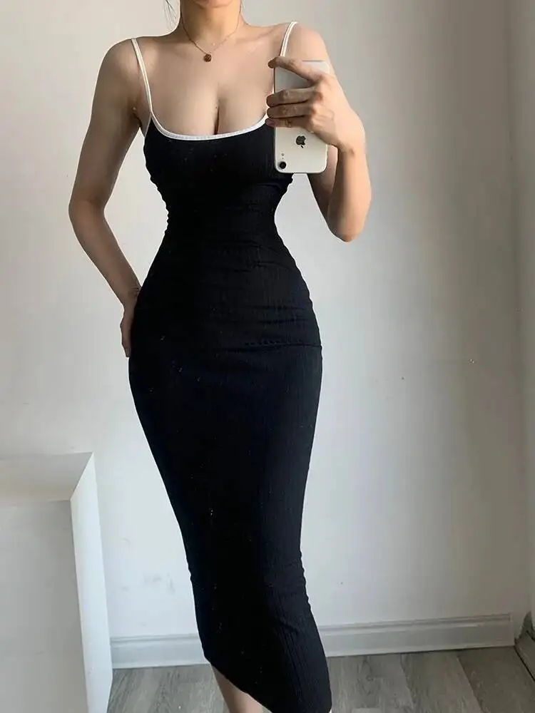 WOMENGAGA Base invernale Tinta unita Cuciture elastiche strette Petto basso Vacanza sexy Slim Hip Show Abiti lunghi sottili a matita Abito 4W