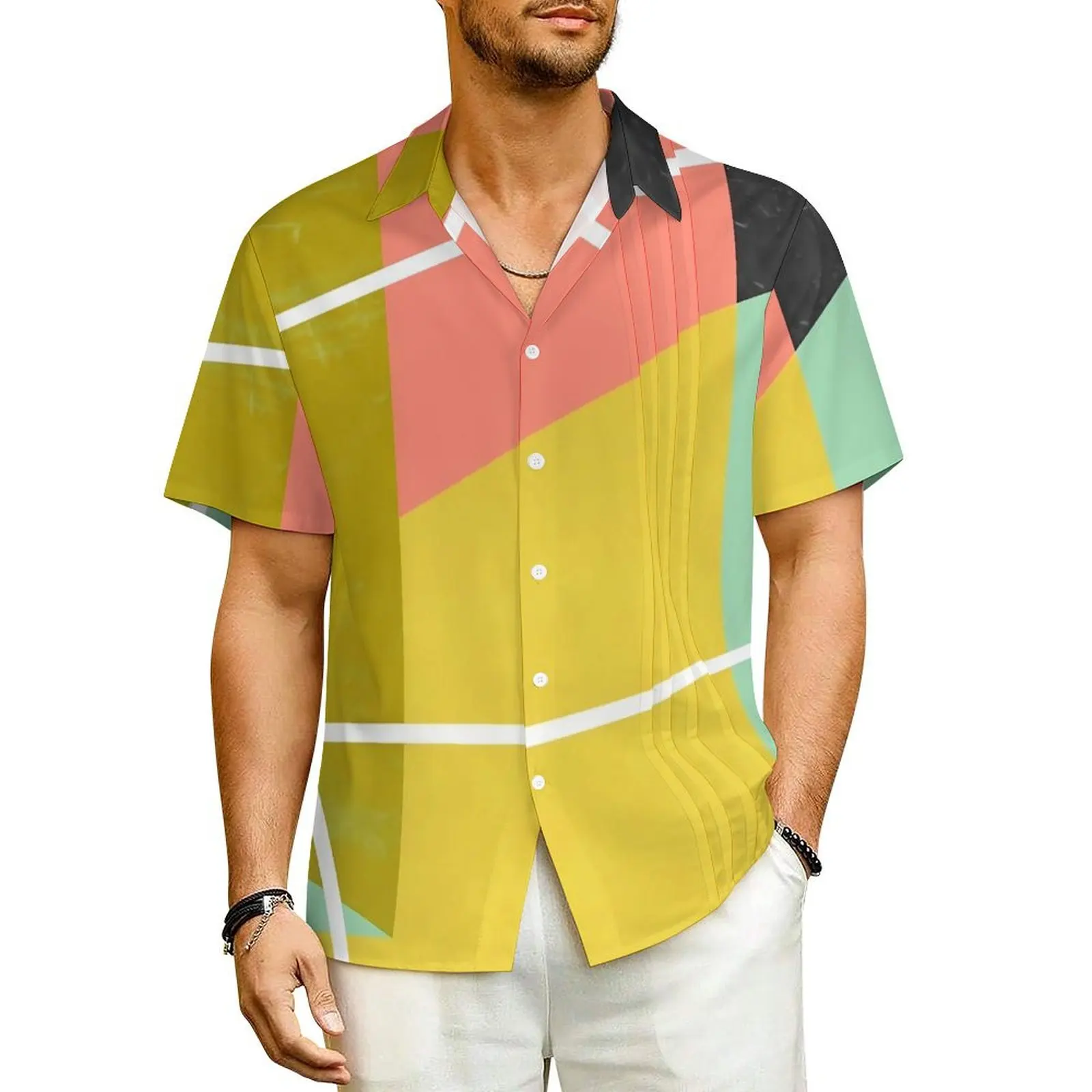 

Hawaii Shirt Beach ColorBlock Blouses Geometry Print Trendy Casual Shirts Men Short Sleeve Harajuku Oversized Clothing