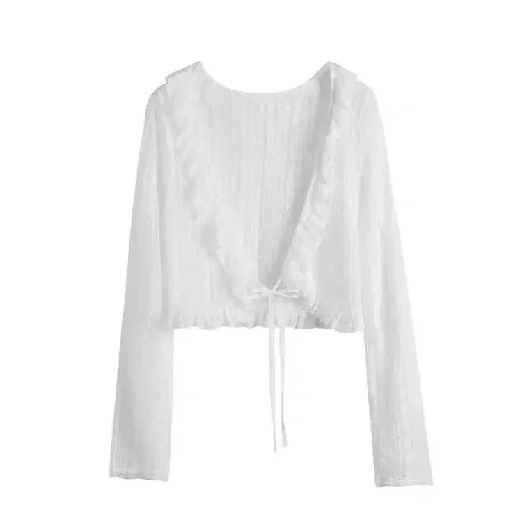 Women Summer Sun Protection Coat Lace Bow Ruffle Cardigan Shirt Female Blouse Tops for Woman Covers Blusa White Y2K Korean Shirt