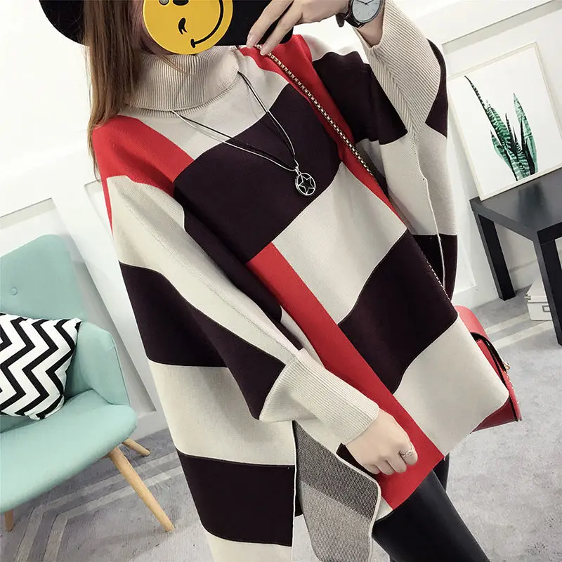 High Neck Cape Coat Women Autumn and Winter Mid length Korean Casual Sweater Pullover Bat Sleeve Knitwear Sweater Poncho Women