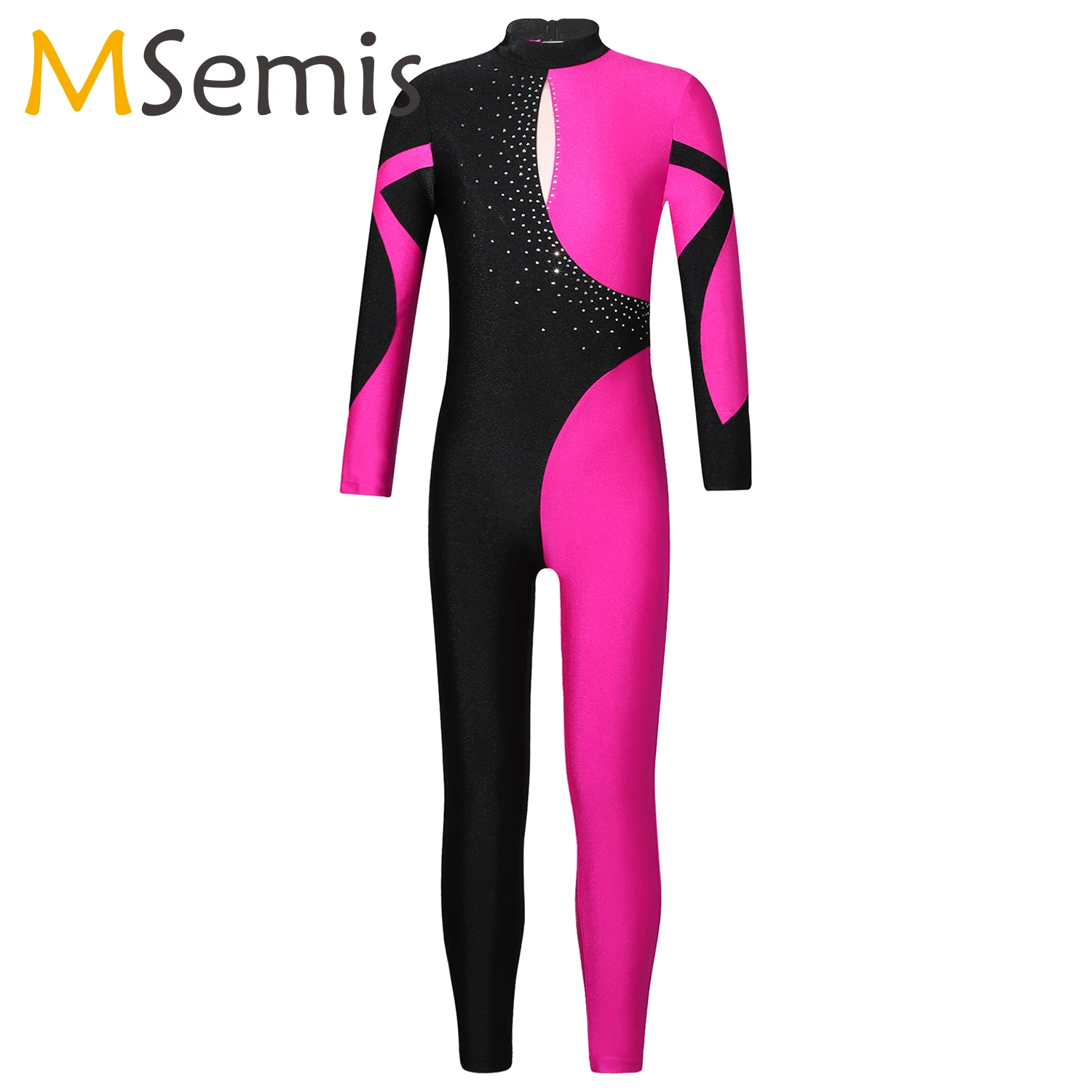 Kids Girls Ballet Dance Gymnastics Leotard Figure Skating Costume Long Sleeve Shiny Rhinestone Jumpsuit Performance Dancewear