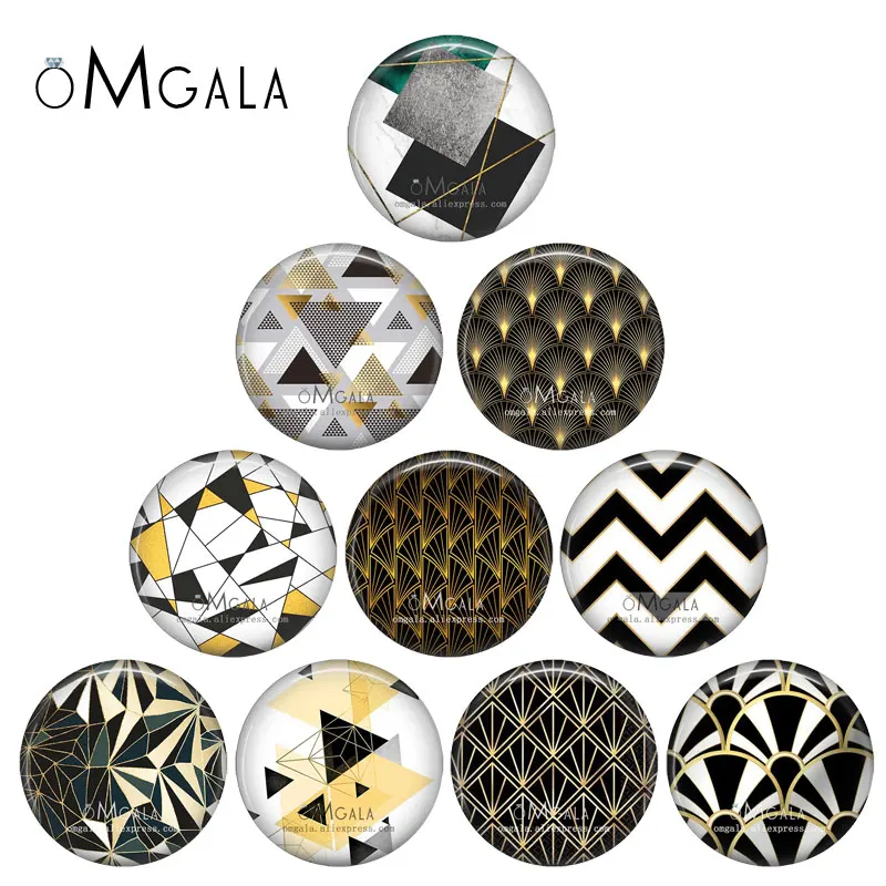 Image: Cabochon rond en verre à dos plat, mélange de motifs d'art géométrique, photo noire et dorée, démonstration, résultats exécutifs, 12mm, 14mm, 18mm, 20mm, 25mm, 30mm