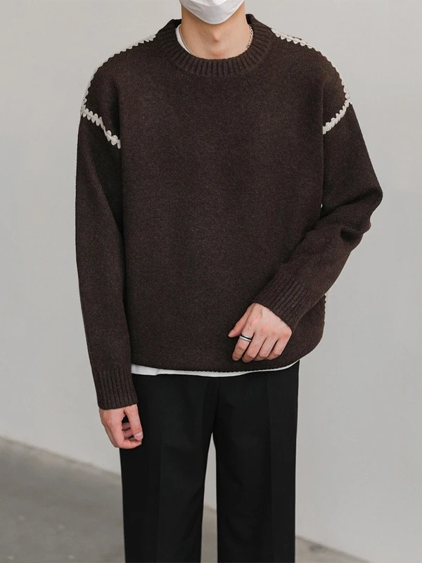 

Korean Sle Loose Fit round Ne Knitted Sweater Men's Casual Warm Polyester Fiber Long Sve Faionable Detail