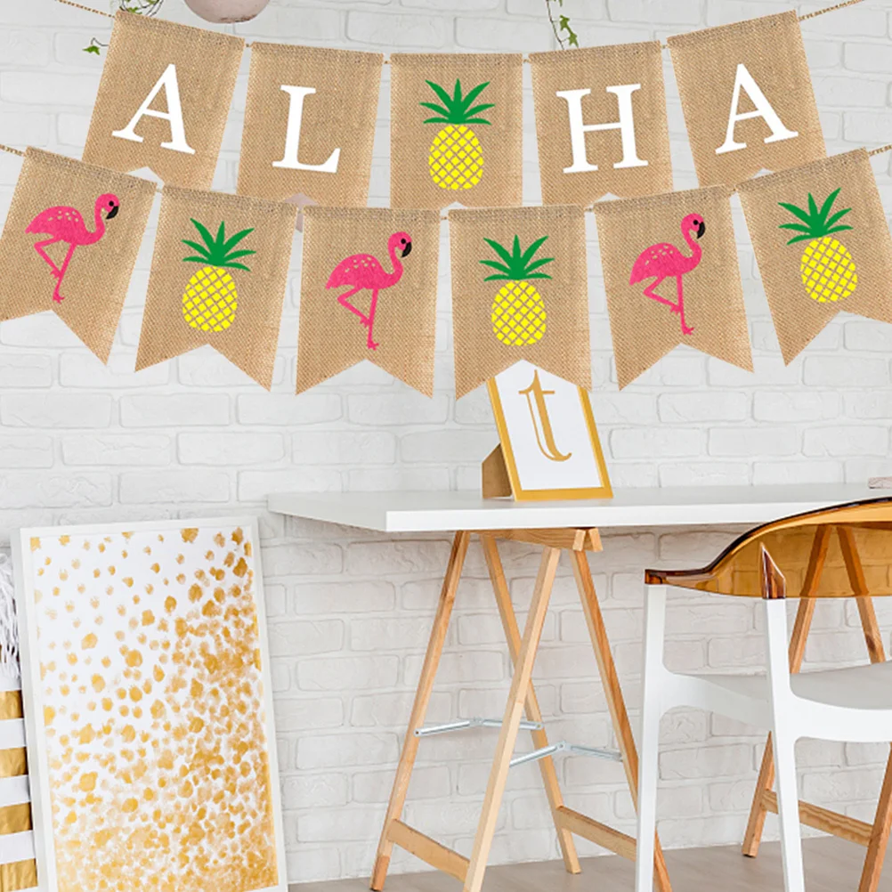 

2Pcs Aloha Hawaiian Themed Linen Banner Pineapple Flamingo Party Bunting Banner Tropical Hawaiian Elements Party Decoration