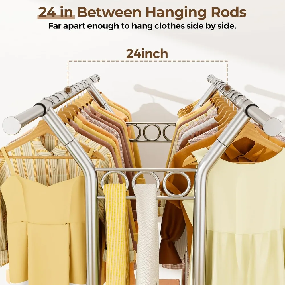 clothes rack, rollable double-bar clothes rack with shelves, with a load capacity of 620 pounds, portable and adjustable