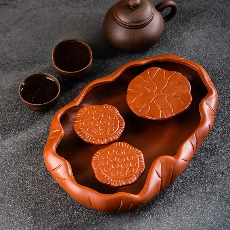 

Rectangular Kungfu Puer Tea Tray Lotus Design Multifunctional Black Tea Tray with Drainage Chinese Purple Sand Wooden