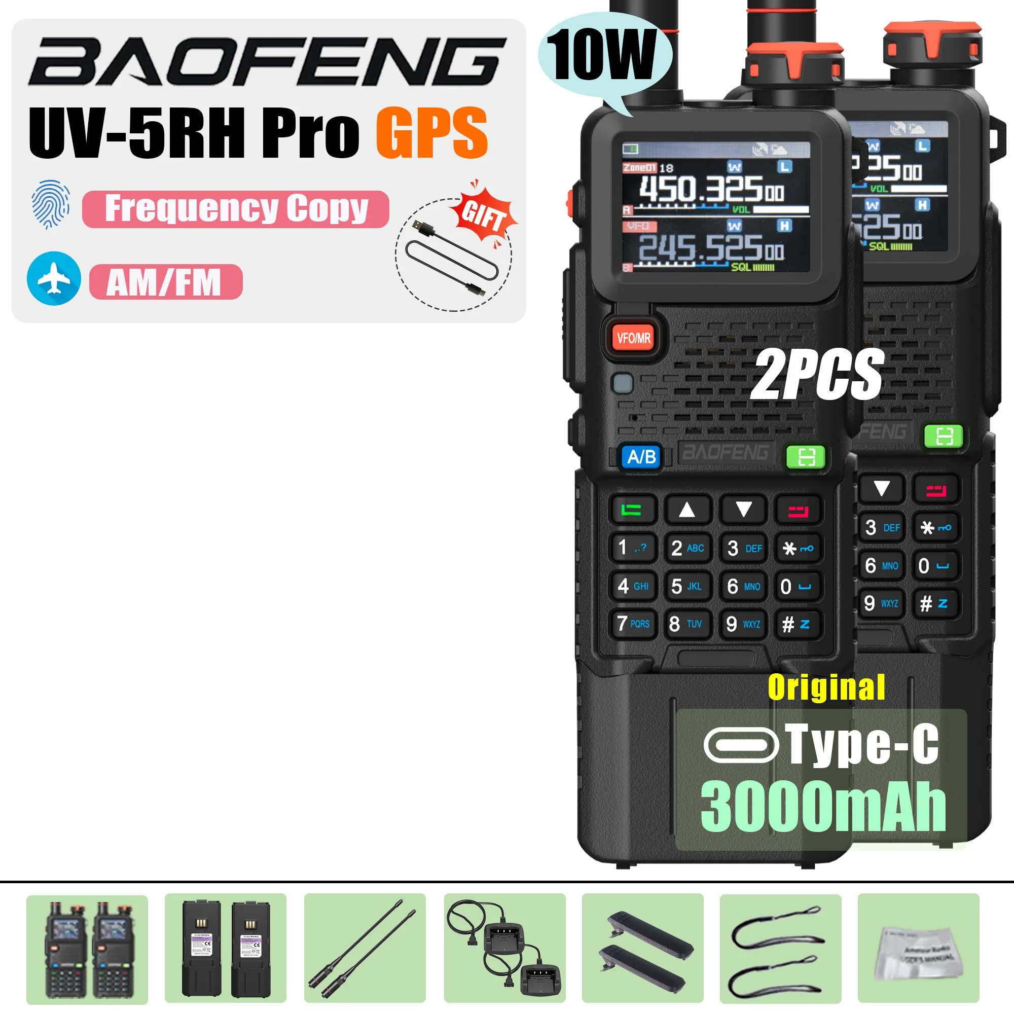1/2PCS Upgrade Baofeng UV 5RH Pro GPS Walkie Talkie 3000mAh 5200mAh Verlengd Verdikte batterij Frequentie Kopie Type-C Ham Radio