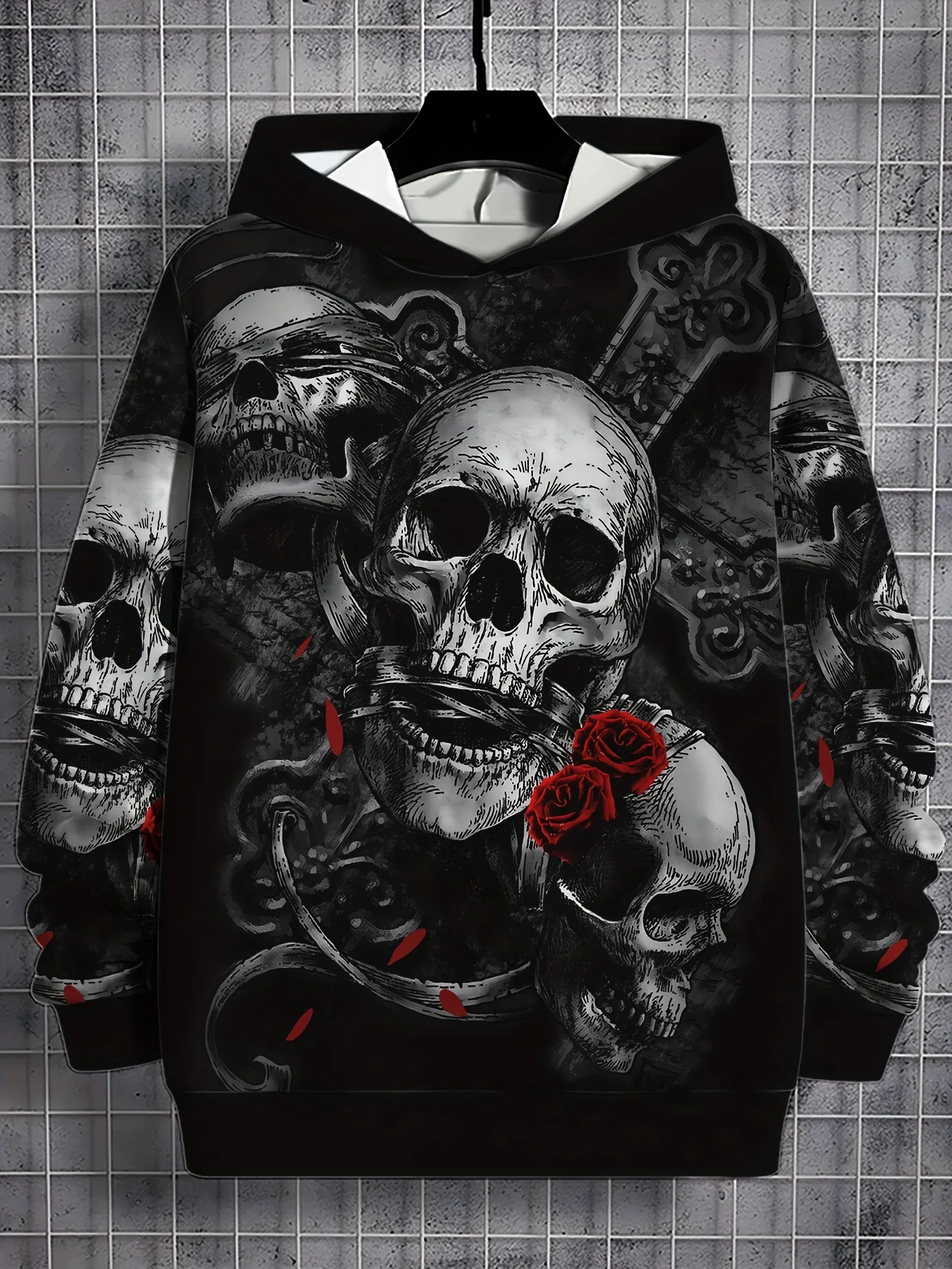 Men's Hooded Hoodies 3D Printed Skull and Rose Sweatshirts Drawstring Sportwear Long Sleeved Tops Street Graphic Men's Clothing