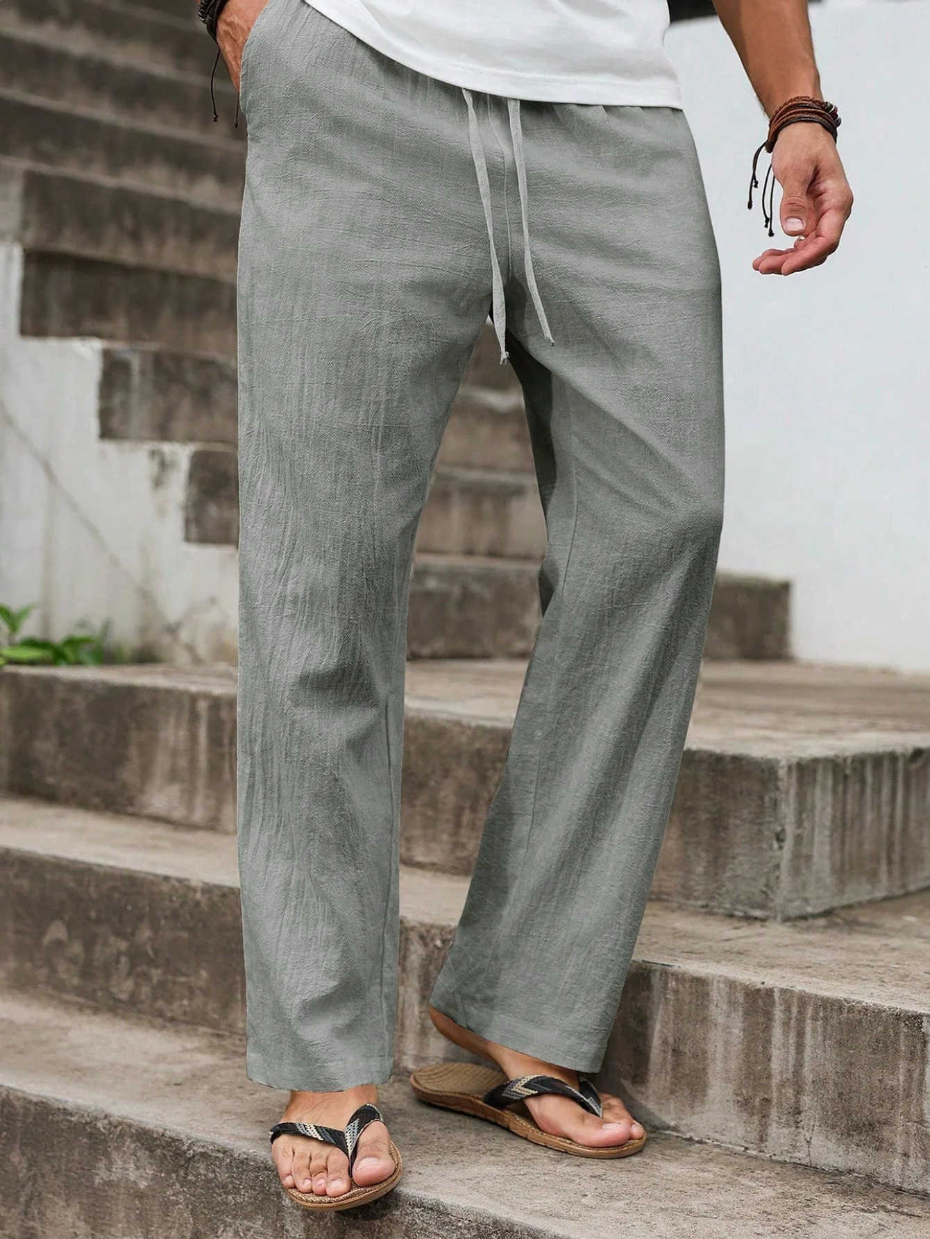 Men's Summer Linen Casual Pants, Beach Vacation Style, Great Drape, Drawstring Waistband, Versatile, Breathable, Loose Fit for C