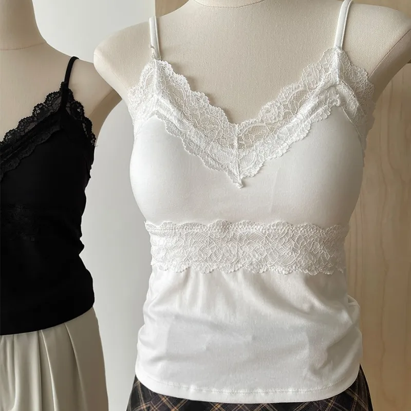 

y2k Polka 2025 Crop Top Casual Lace Stitching Sleeveless Skinny Strap Tops Women Basic Camisole Streetwear Tees Aesthetic