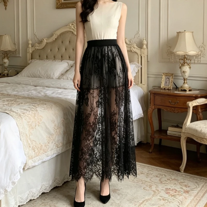 Sexy High Waist Flare Maxi Skirt Y2K Black Lace Long Skirt for Women Spring Summer Solid Beach Party Evening Elegant