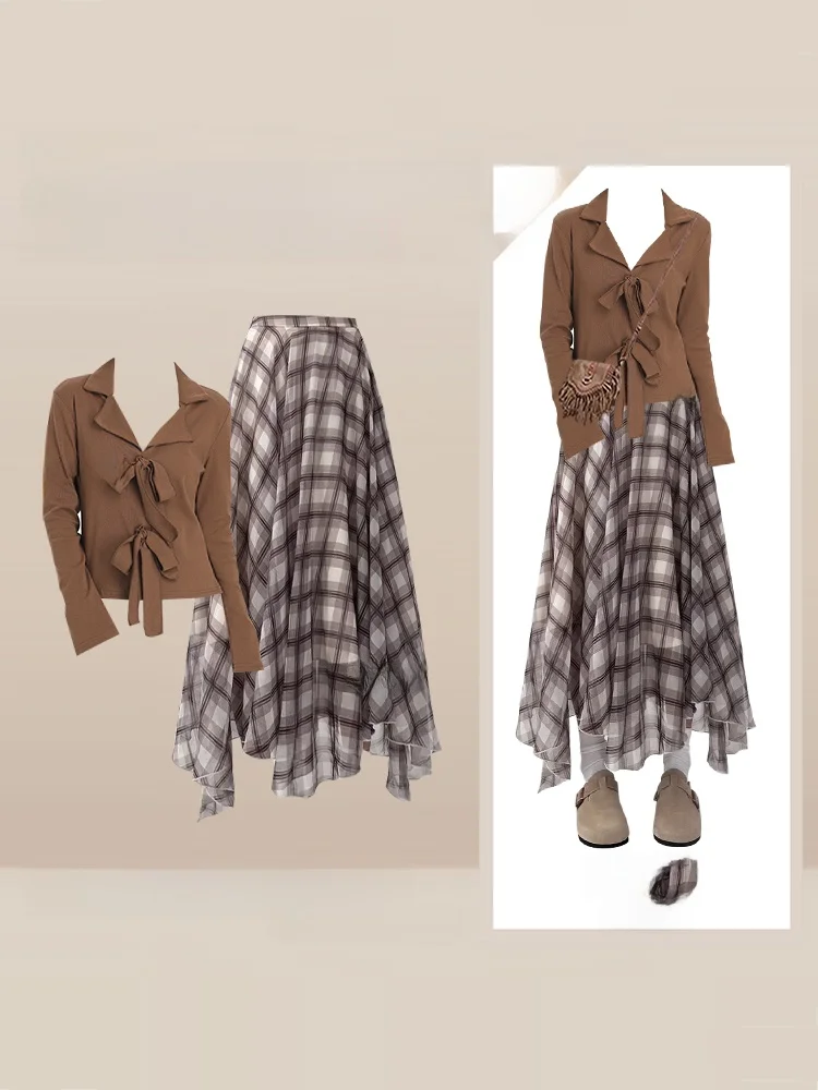 Trendy Skewered Plaid  Skirt Women's High Waist Midi Dring irt Set Autumn 2025 American Sle Long Sve Cardigan