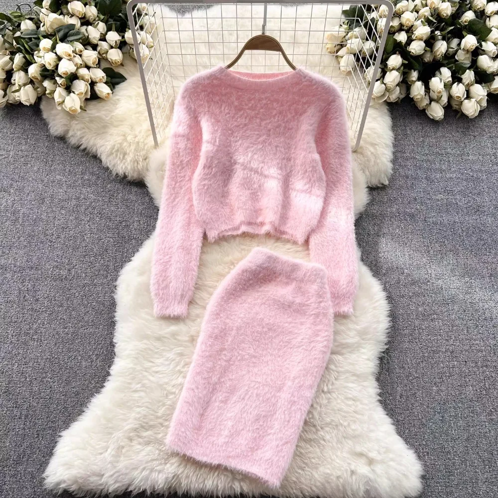 Chic Plush Women Two-Piece Sets Vintage O-neck Knitted Sweater Top High Waist Skirt French High Street Autumn Winter Clothing