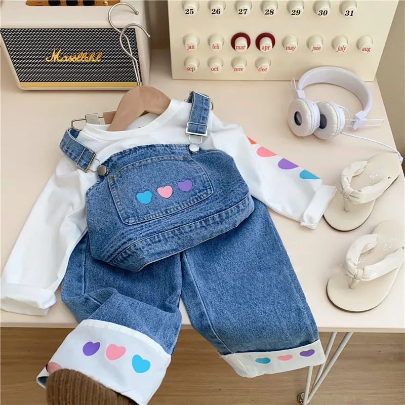 Kids Spring Autumn Denim Suspenders Set – Wide Leg Pants & Heart Tee, Fashion 3-Piece Casual Wear for Girls