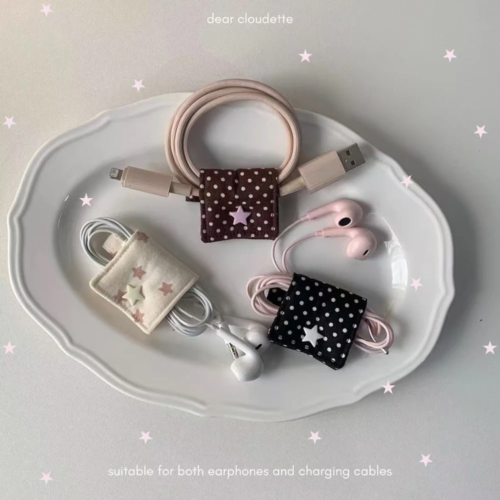 Y2k Retro Polka Dots Earphone Decoration Accessories Handmade Fabric Cute Wave Dot Earphone Storage Bag Data Cable Organizer