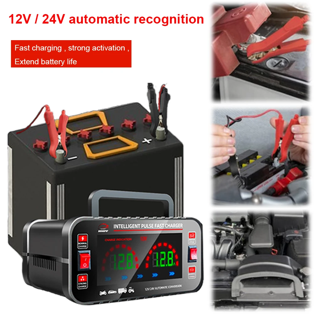 12V/24V Smart Pulse Repair Fast Charging Device 150W Fully Automatic Car Battery Charger 10A/5A LCD Digital Display Large Screen