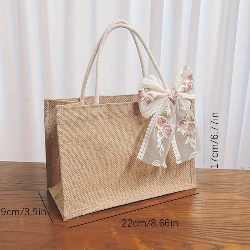 6PCS Natural Jute Tote Bag Handmade Drawstring Shopper - Reusable Cotton Linen Fabric Gift Pouch for Beach Wedding Favors