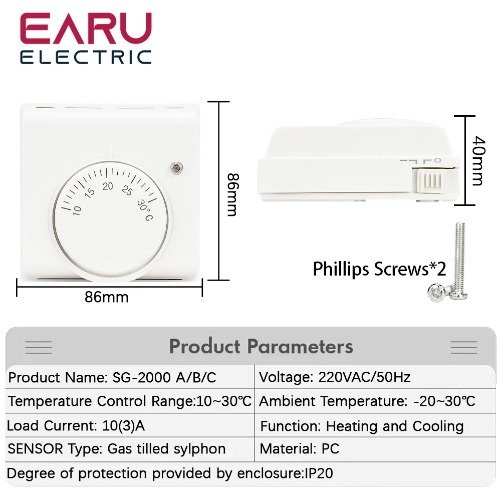 220V Mechanical Room Temperature Controller Air Conditioning Knob Thermostat Control Gas Boiler Heating Thermostat 10-30 Degree