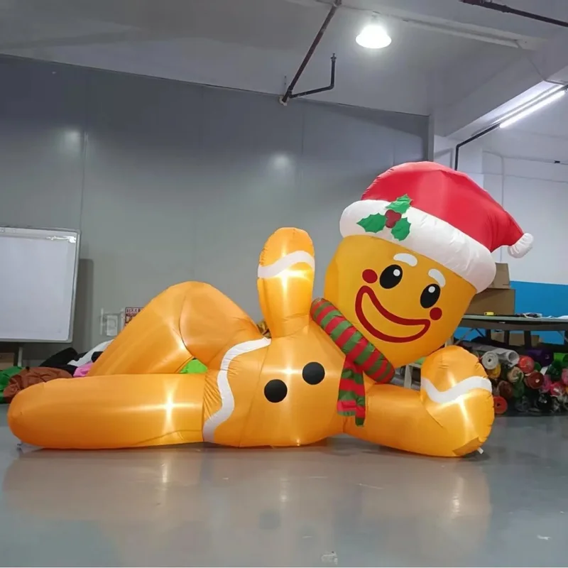 3 Meter Long Inflatable Christmas Gingerbread Man in a Lying Down Pose Popular Garden Party Decoration with LED Lights