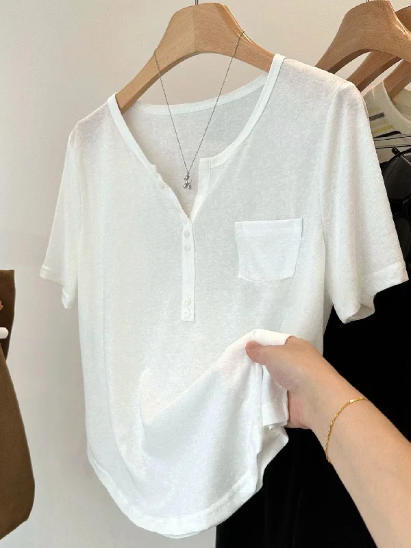 

plus Size Women's T-Shirt Casual Style Short Sleeve V-Neck Button up Summer Top Breathable Cotton Comfortable Loose Fit