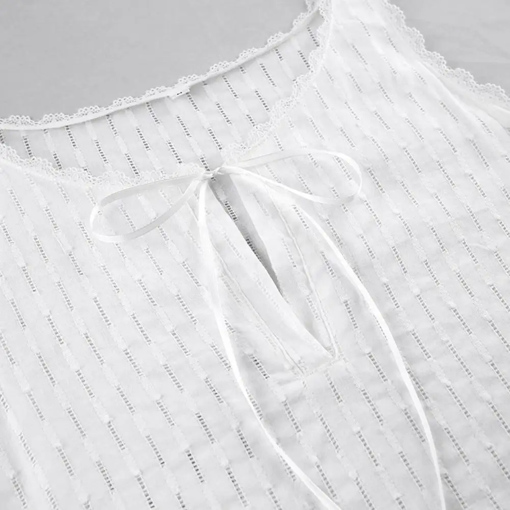 Women's Sleeveless Nightgown Cotton Lace Chemise Nightshirts V Neck Lace Up Hollow Babydoll Sleepwear Summer Short Robe