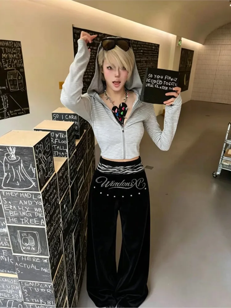 Y2K Retro Elastic Waist Velvet Flare Pants Zebra Print Waistband Detail Loose Wide Leg Grunge Gothic Streetwear Casual Trousers