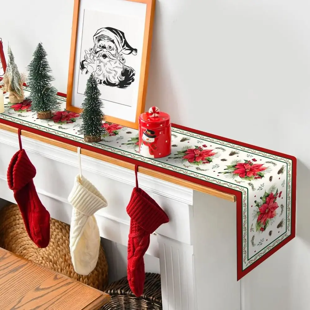 Poinsettia Flower Pattern Christmas Table Runner Long Length Linen Material Holiday Linen Runner Rectangular Shape