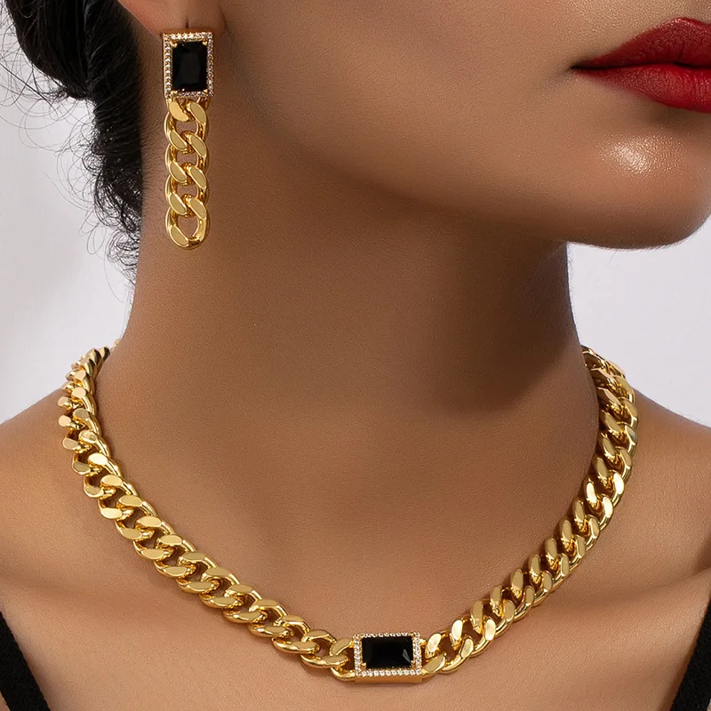

Fashion-forward gold silver color collarbone necklace + earrings party jewelry set for woman with hip-hop punk flair