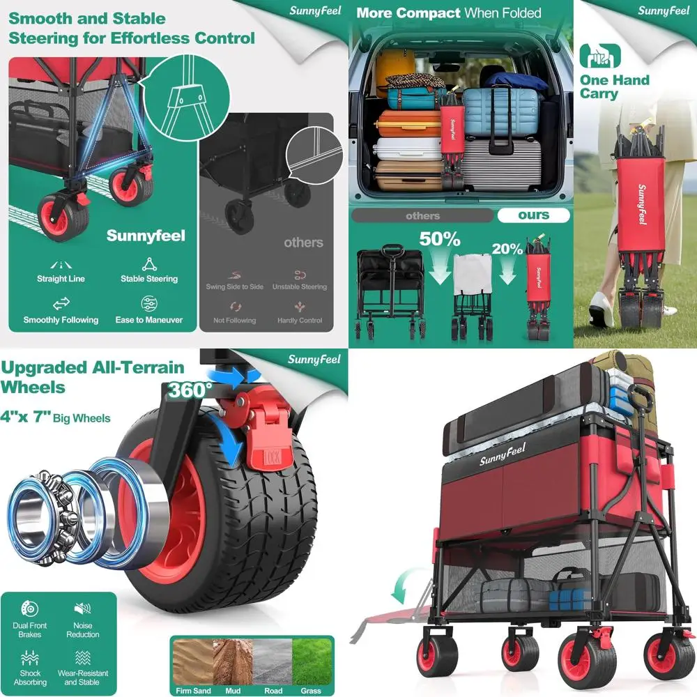 

Sturdy Foldable Outdoor Utility Wagon with 500lb Capacity, Adjustable Handle, and Double Deck for Beach, Shopping, and Camping (