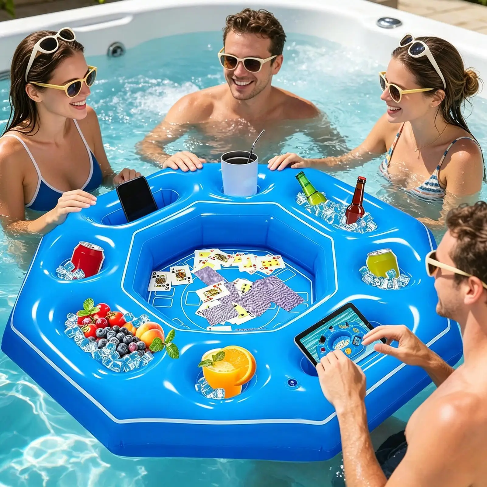 Floating Game Table Octagonal Inflatable Pool Bar Tray Portable Drink Holder Card Playing Mat Summer Water Park Party Supplies
