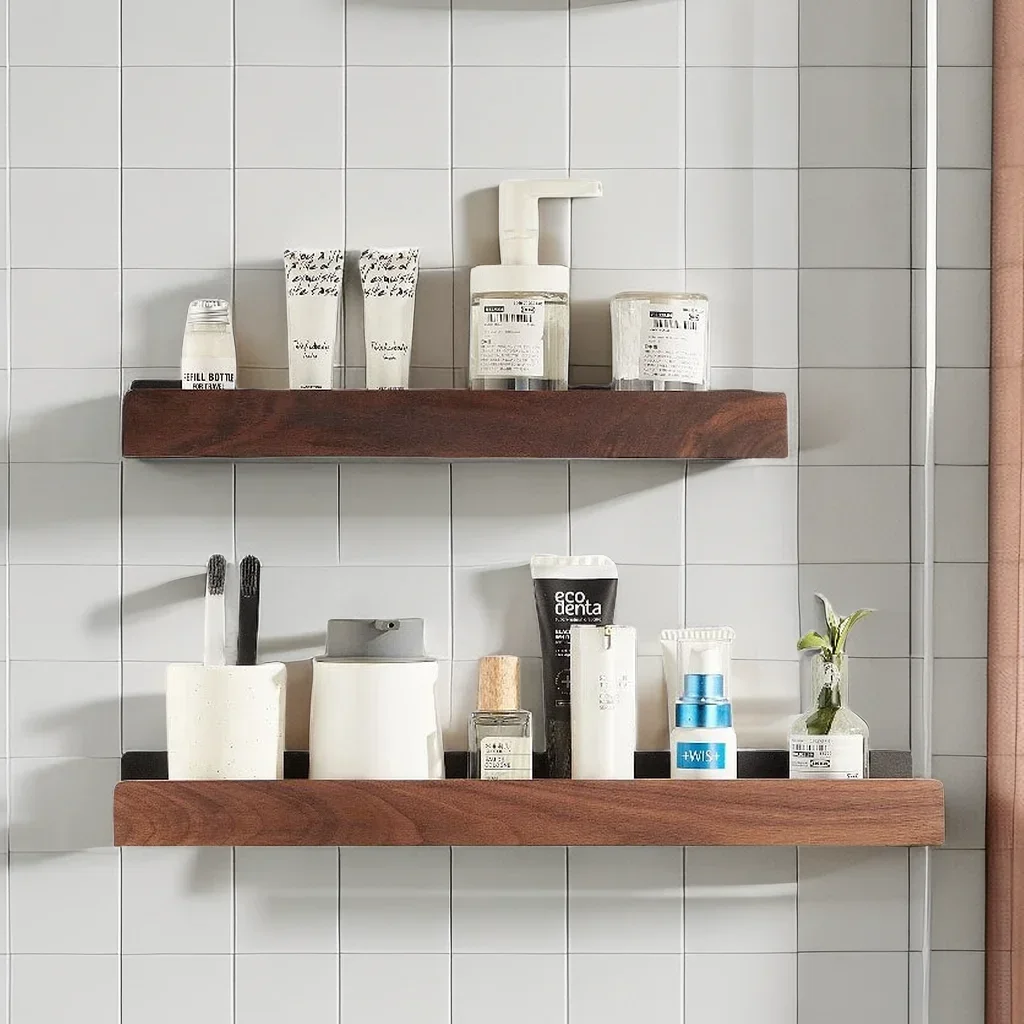 

Bathroom wall Shelf，No punch storage rack，Wooden bathroom shelves for bathroom organizer，Punch-Free Shelf Wall-Mounted Shower