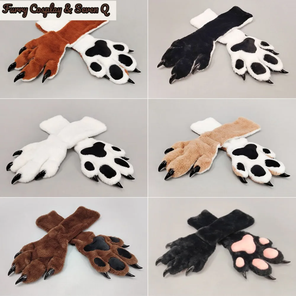 Seven Q Store Fursuit Paw Gloves Furry Animal Claw Mittens With Claw Tips Plush Pads For Kig Cosplay Halloween Performance Props