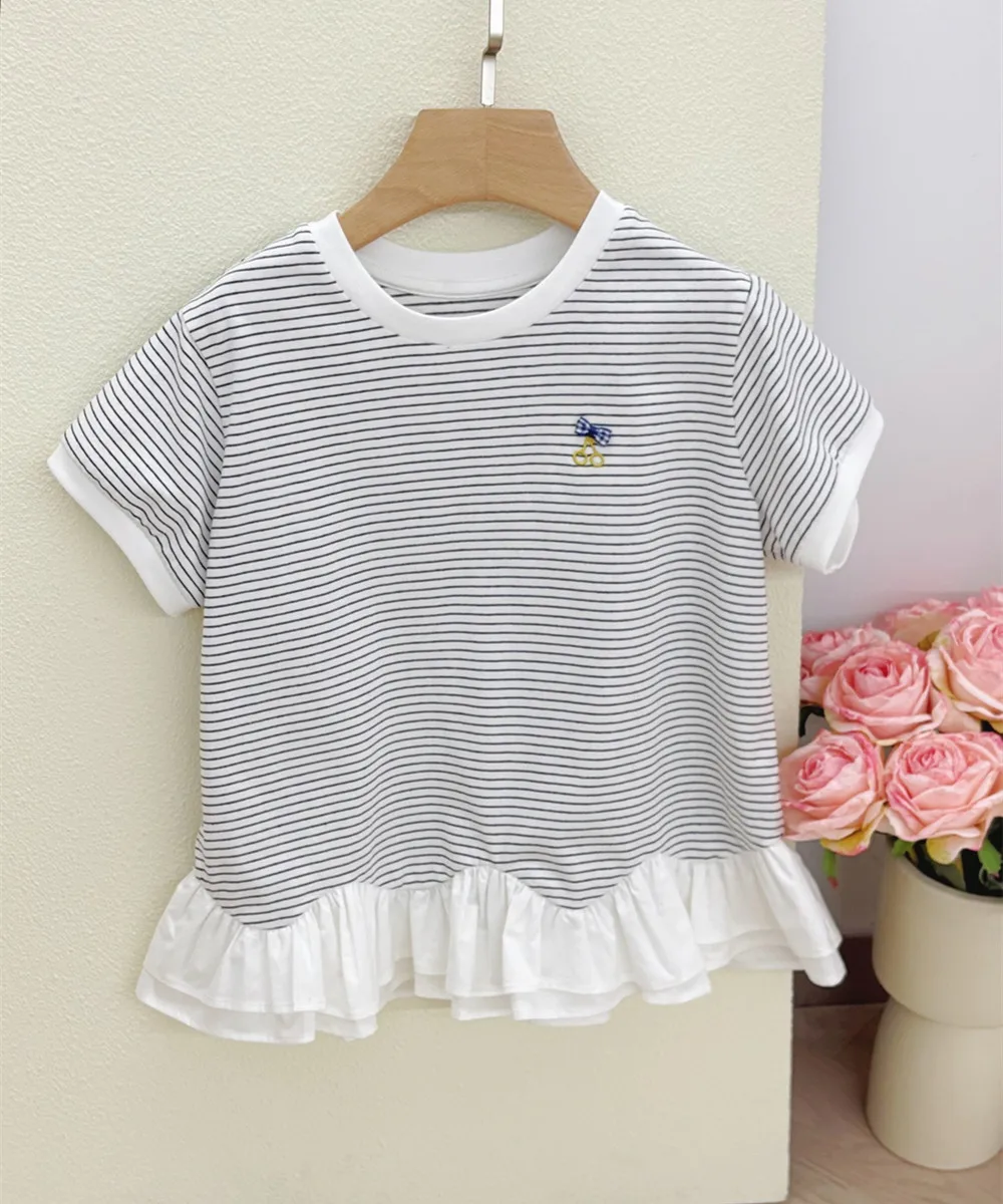 kids clothes girls tops black and white stripes Lotus leaf edge splicing T-shirt Fashionable girls' tops