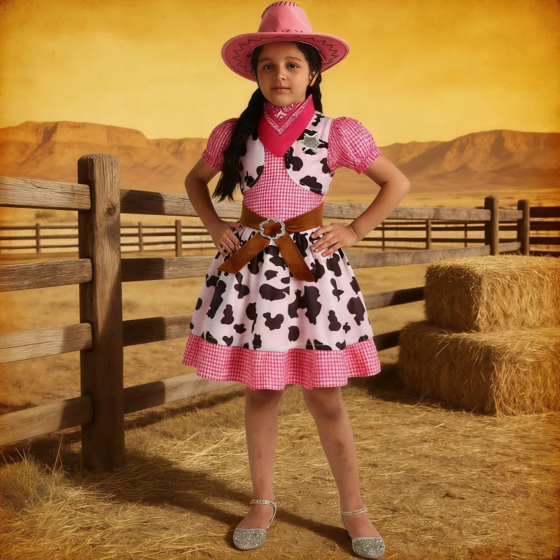 

Girls' Western Cowboy Outfit Halloween Pink Leopard Print Denim Outfit Holiday Party PerformancecosClothing