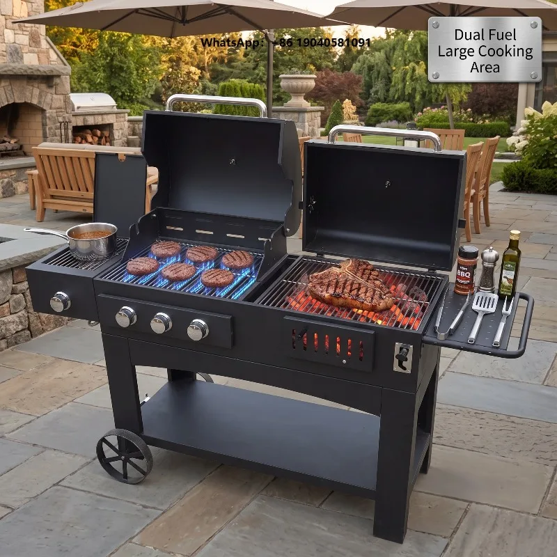 New Heavy Duty Professional 2-in-1 Gas & Charcoal Barbecue Large Multi-Functional Carbon Steel BBQ Grill for Outdoor Garden