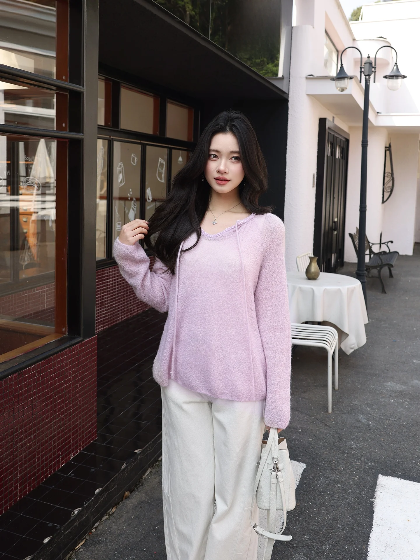 

Soft Merino Wool Knitted Sweater with Rope Dstring Gentle Ne Design Spring 2026 Women's Street Sle Faion ME Design