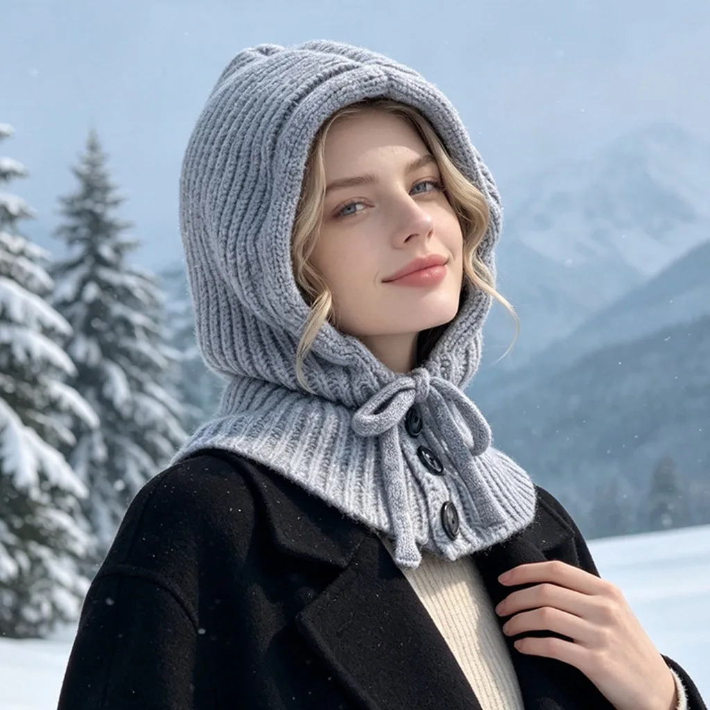 2026 Winter Knitted Hooded Scarf Hat Women Warm Ear Protection Cap Outdoor Cycling Cold-Proof Integrated Neck Warmer Fashion Hat