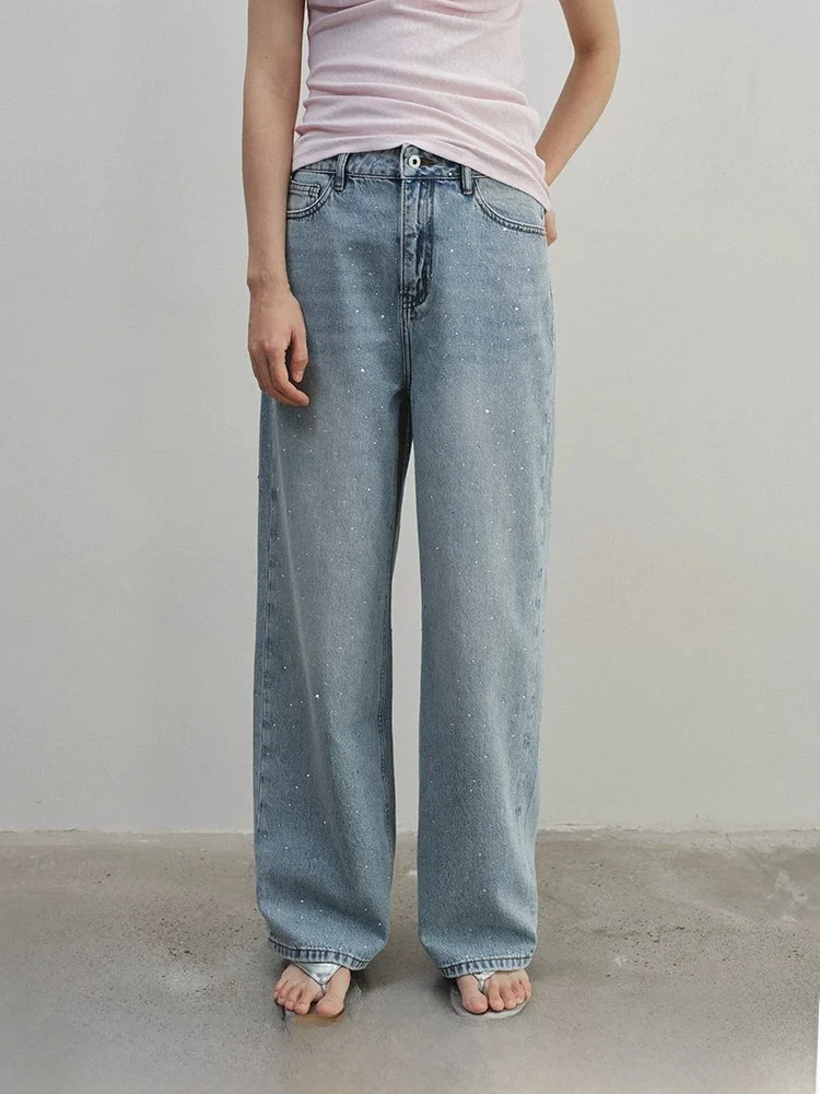 

Retro Washed Rhinestone mid High Waist Jeans Loose Casual Full Cotton Wide Leg Straight Long Pants Women's Summer Denim Jeans